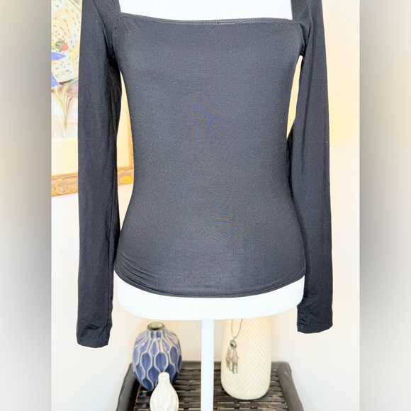 NWT Reformation Black Square Neck Long Sleeve Top Size M Stretch Tencel Lyocell - Picture 4 of 13